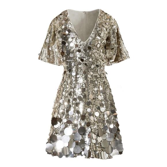 NWT Boston Proper Effortless Glamour Paillette Silver Sequin A-Line Dress - Picture 2 of 8